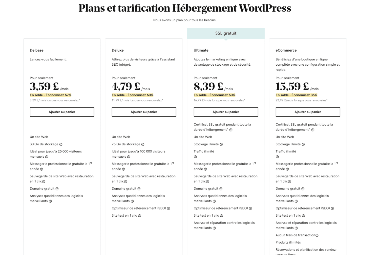 Plans hébergement WordPress GoDaddy