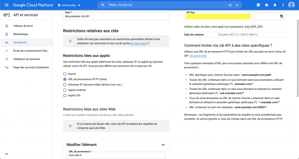 Paramétrer restreindre clé API google maps