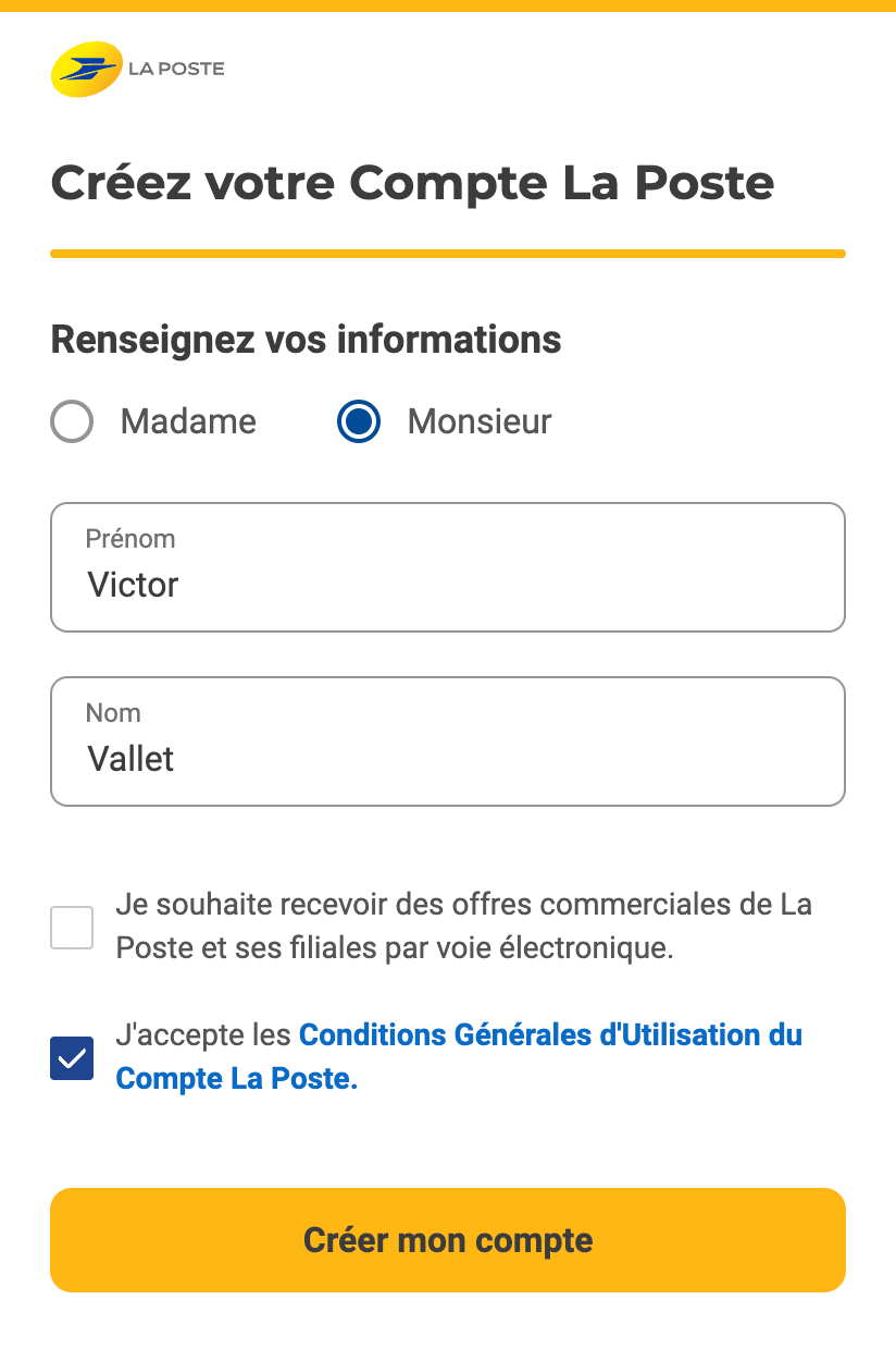 creation compte la poste informations personnelles