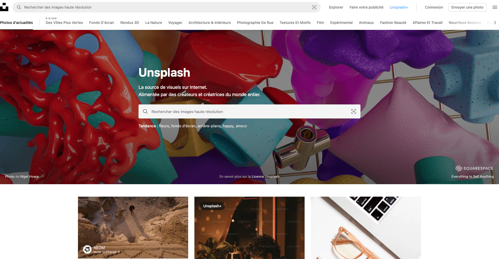 La page d'accueil de la banque d'images Unsplash 
